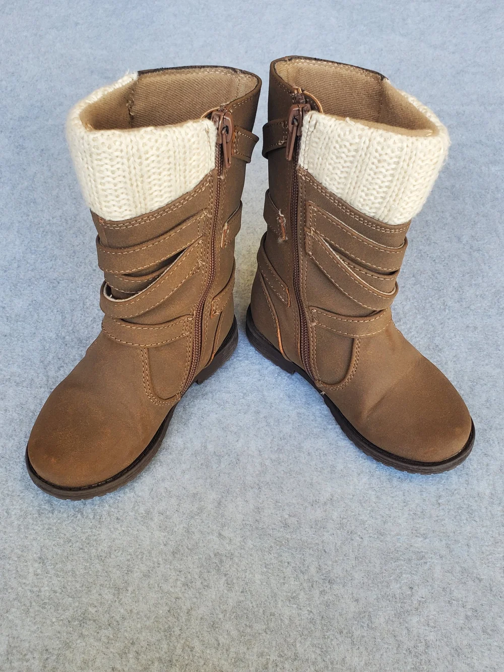 Rachel Shoes Brown Kids Boots with Cream Knit Cuff and Buckle Straps